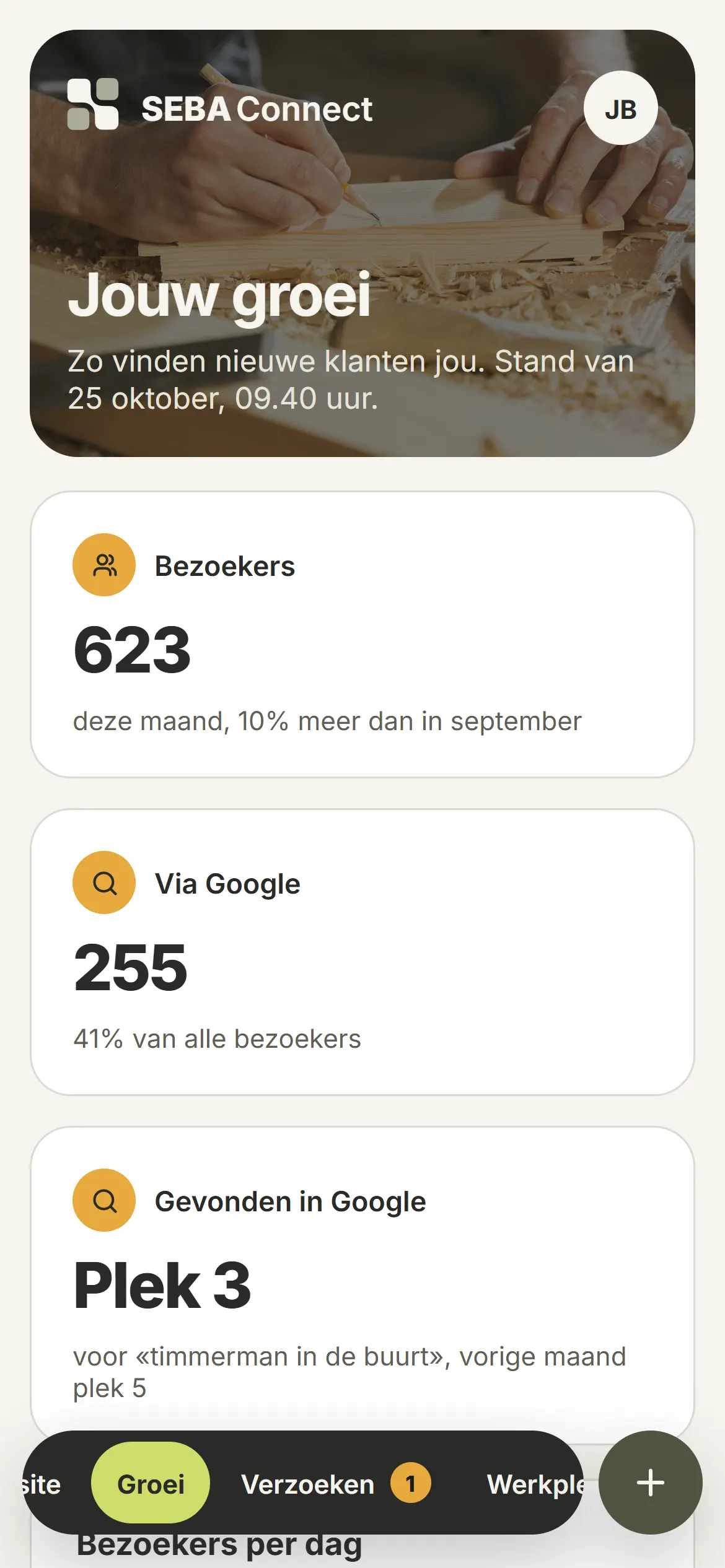 Het groeischerm van het klantportaal: bezoekers, bezoekers via Google, je plek in Google en een grafiek per dag.