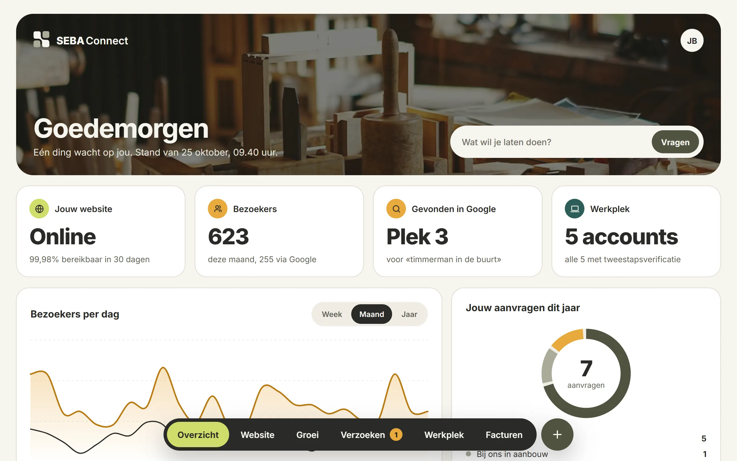 Het overzicht van het klantportaal: begroeting, vier tegels met website, bezoekers, Google en werkplek, een grafiek met bezoekers per dag en je aanvragen dit jaar.