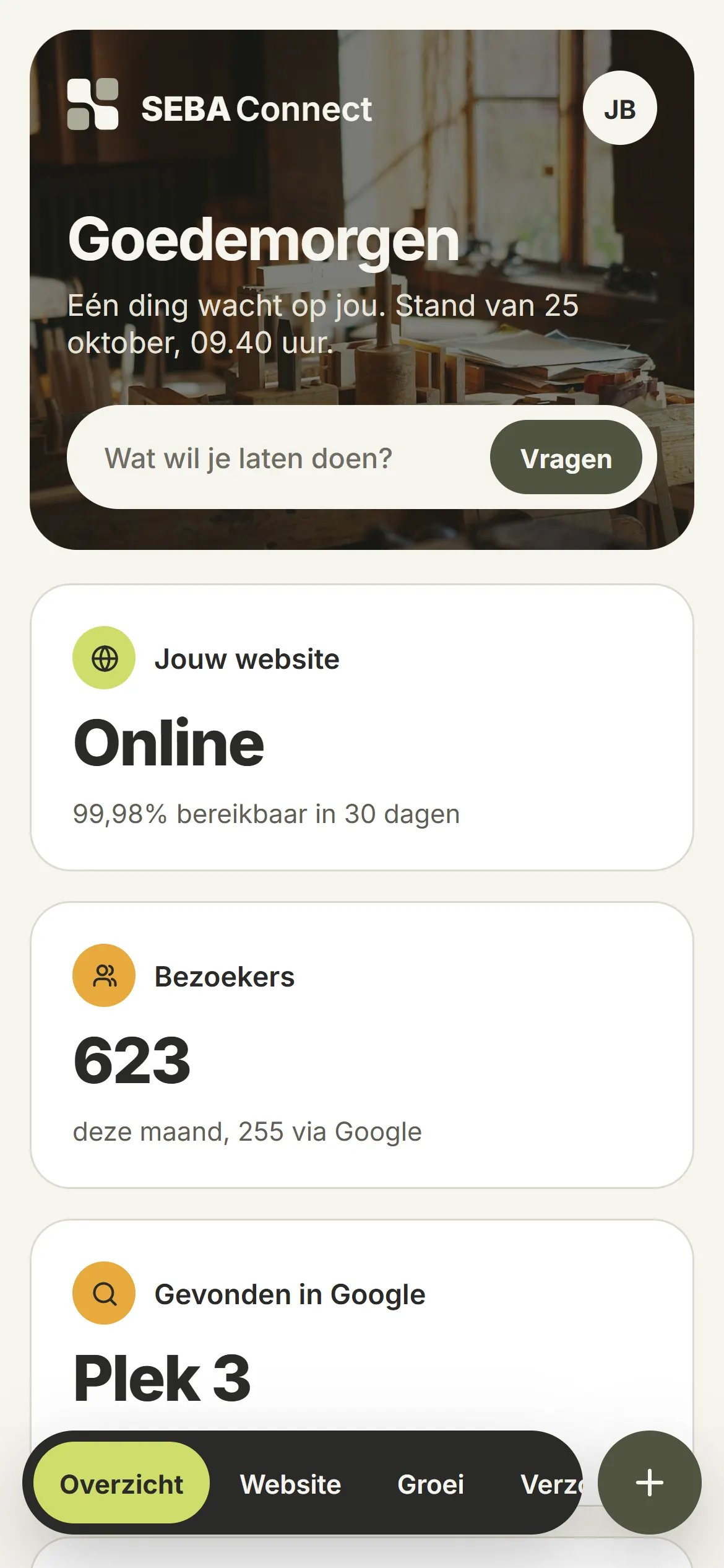 Het overzicht van het klantportaal: begroeting, vier tegels met website, bezoekers, Google en werkplek, een grafiek met bezoekers per dag en je aanvragen dit jaar.