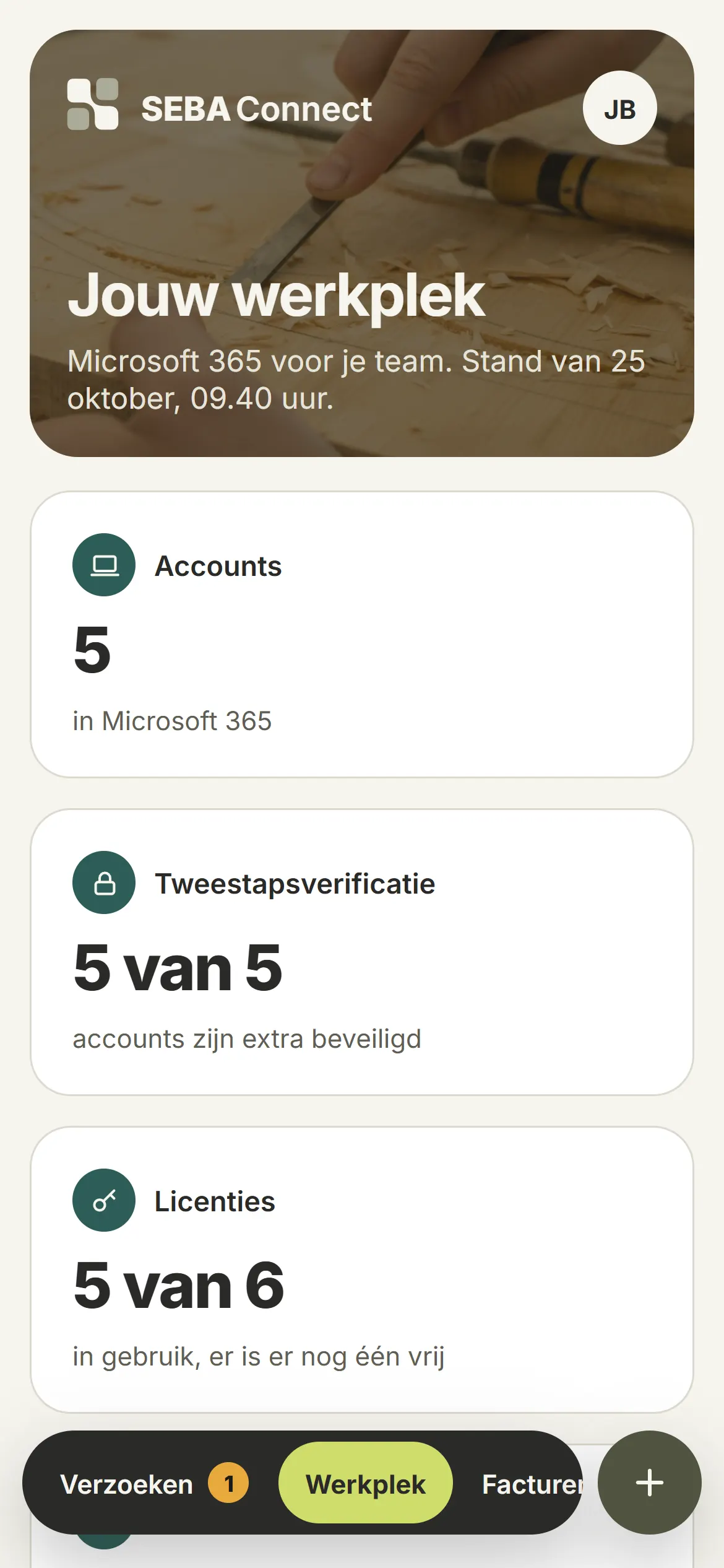 Het werkplekscherm van het klantportaal: accounts, tweestapsverificatie, licenties en mailboxen, met de lijst van accounts.